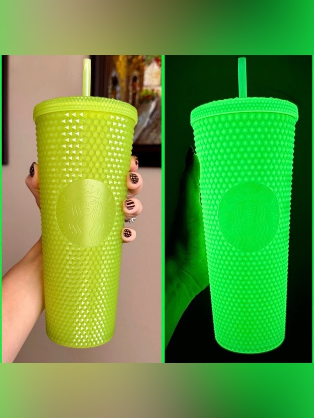 Rare Glow In The Dark Studded Tumbler Starbucks Venti Cold Cup Green